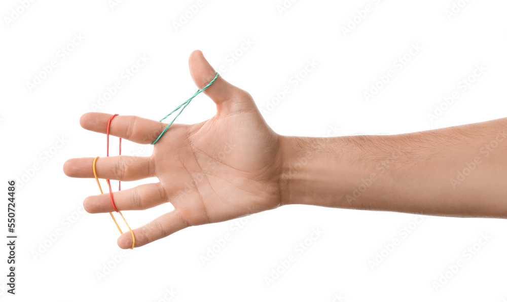 Man with rubber bands on white background