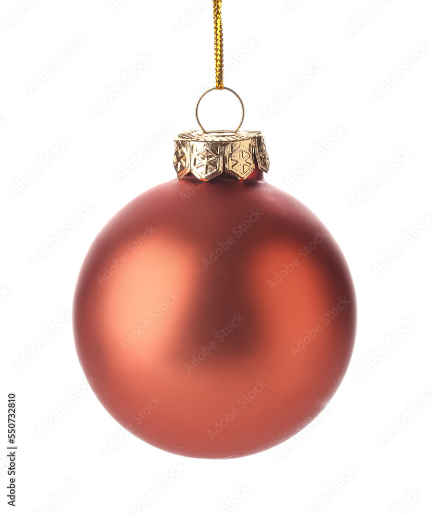 Red Christmas ball hanging on white background