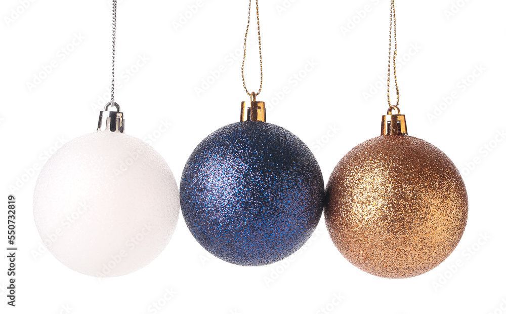 Christmas balls hanging on white background