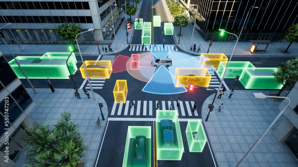 Autonomous car self driving on city street, Smart vehicle technology concept, 3d render