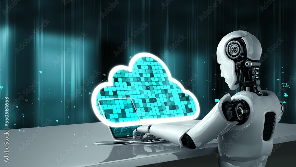 AI robot huminoid uses cloud computing technology to store data on online server . Futuristic concep