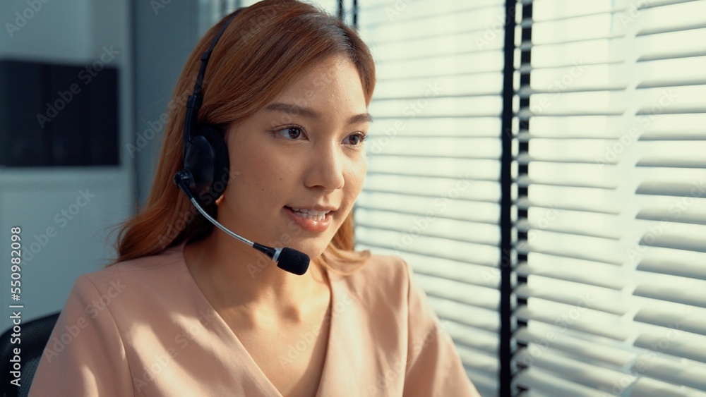 Competent female operator working on computer and while talking with clients. Concept relevant to bo