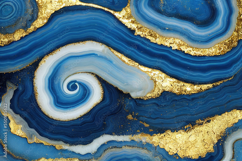 Abstract art background with a fluid marble blue and gold texture. Splendid AI generated image luxur