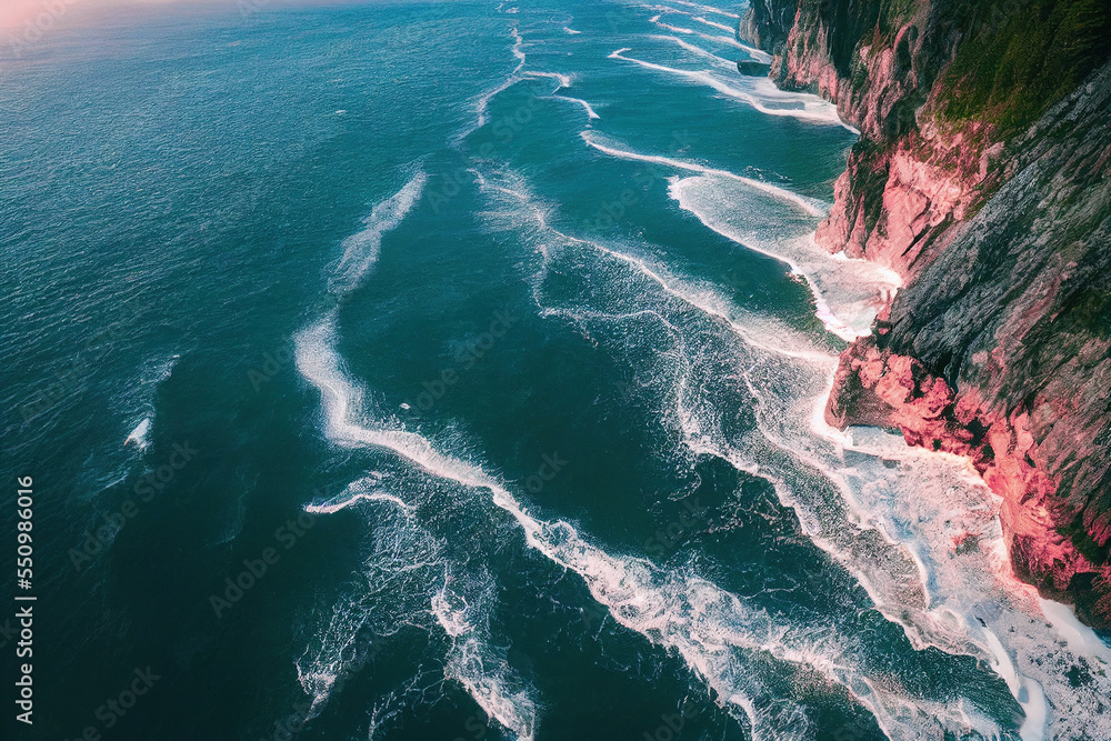 AI generated image drone photo of seascape ocean wave crashing rocky cliff coast with sunset at the 