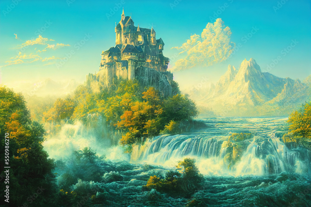 Beautiful digital art AI generated image of fantasy fairy tale castle on waterfall with hills and mo