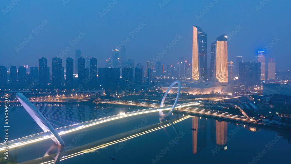 Aerial photography of the night view of modern architectural landscape in Nanjing, China