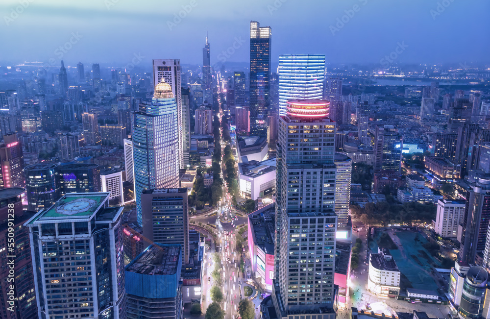 航拍中国南京现代建筑景观夜景