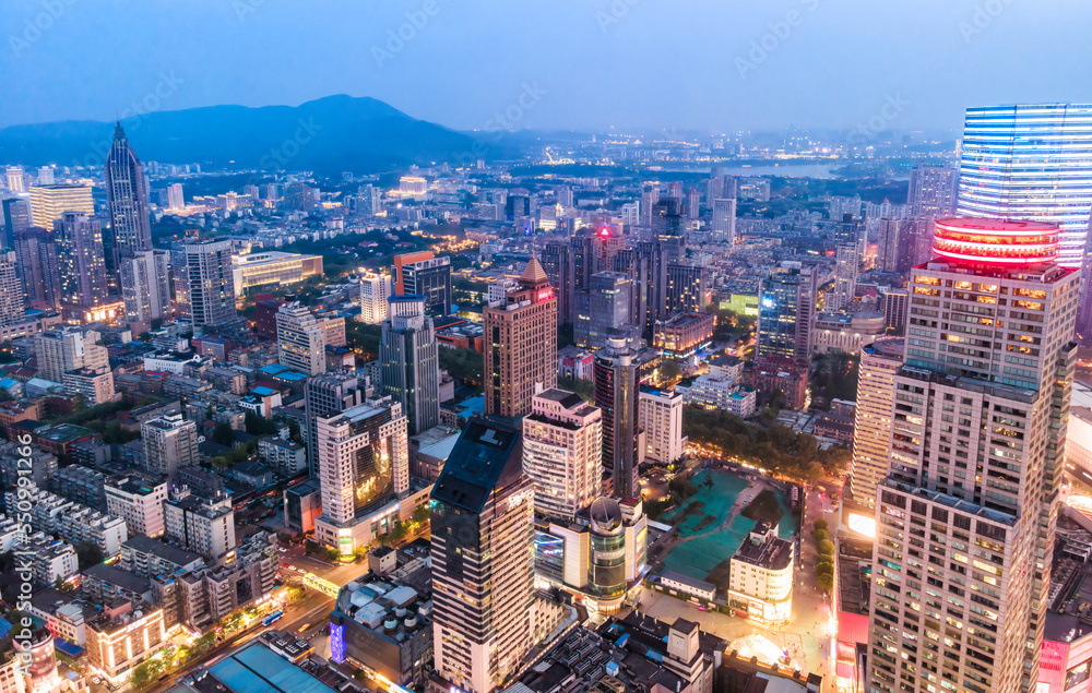 中国南京现代建筑景观夜景航拍