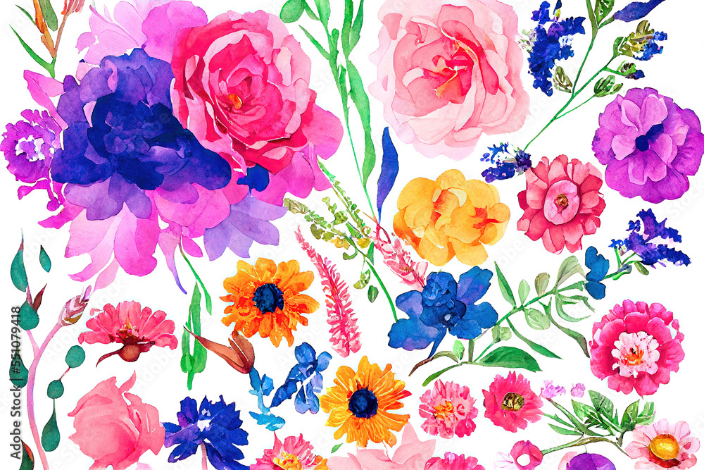 Flower bouquet set watercolor pieces of artwork design. Spring and summer flower nature in style of 