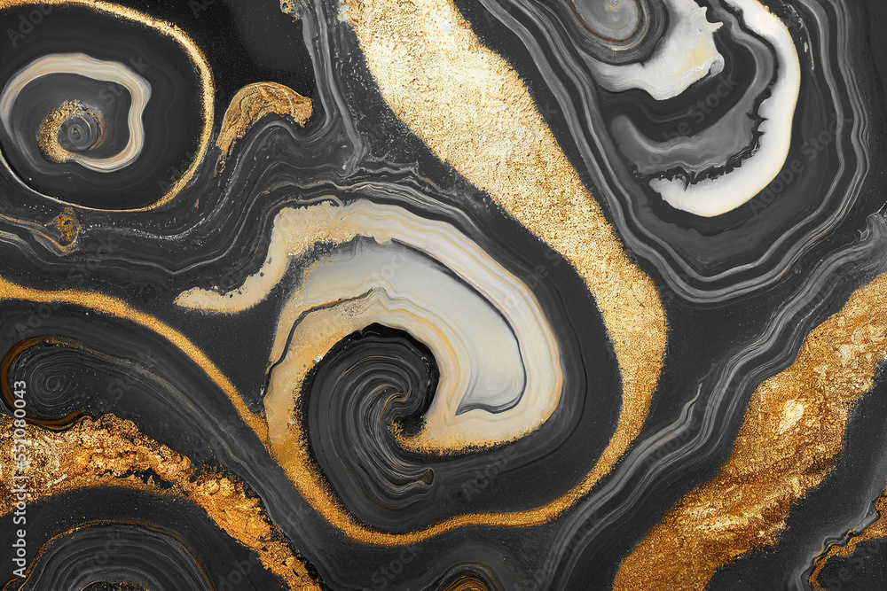 Abstract art background with a fluid marble black and gold texture. Splendid AI generated image luxu