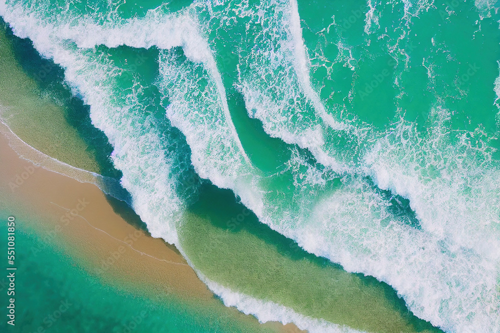 AI generated image top view from drone photo of beautiful beach with relaxing sunlight, sea water wa