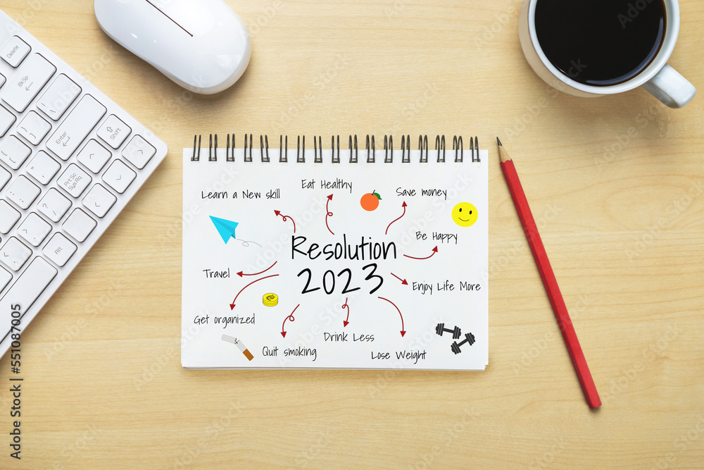 2023 Happy New Year Resolution Goal List and Plans Setting - Business office desk with notebook writ