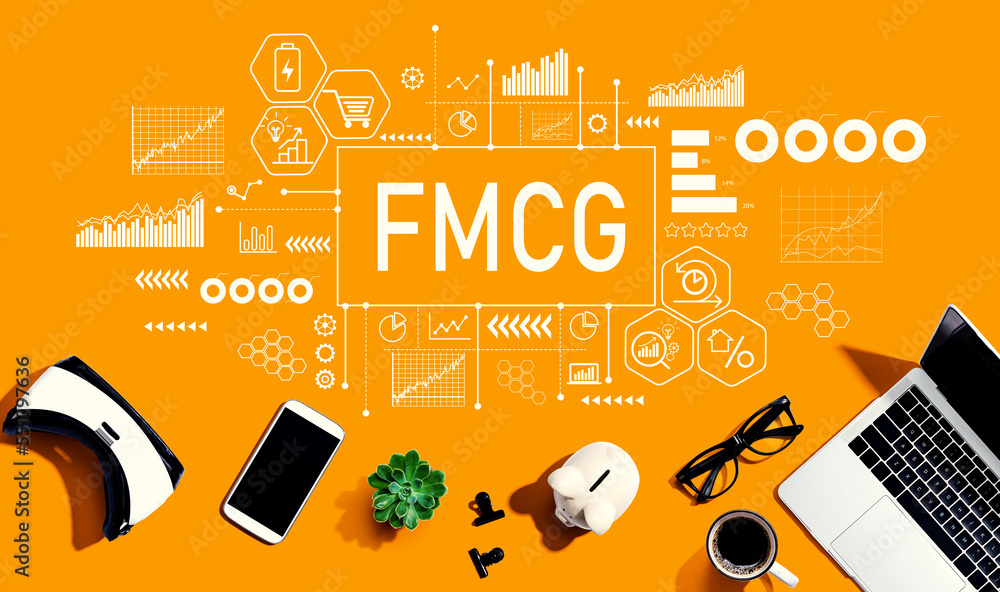 FMCG - Fast Moving Consumer Goods theme with electronic gadgets and office supplies - flat lay