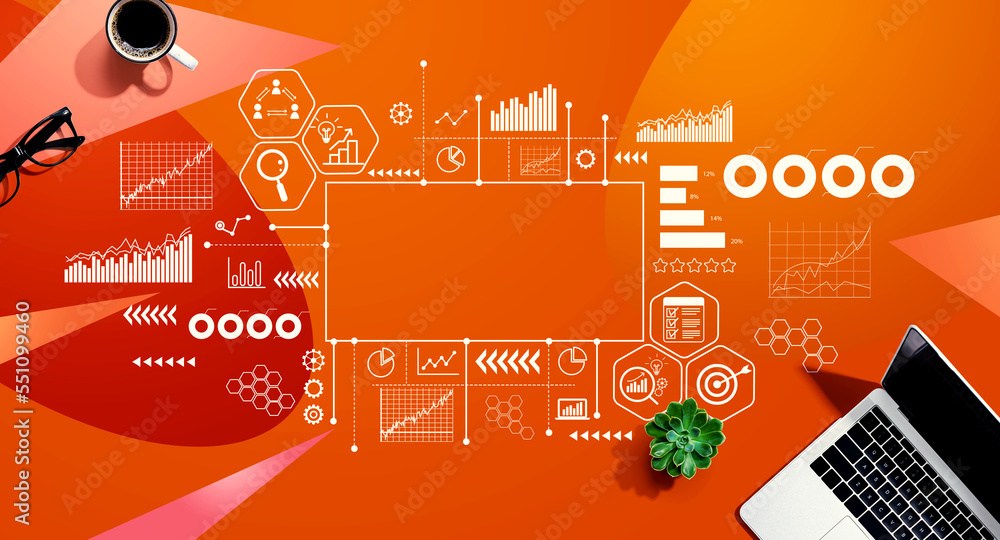 Business theme with a laptop computer on a orange pattern background