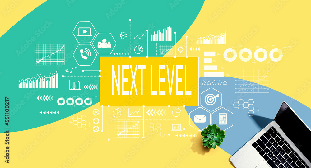 Next level concept with a laptop computer on a yellow, green and blue pattern background