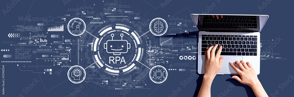 Robotic Process Automation RPA theme with person using a laptop computer