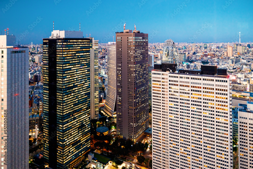 Skyscrapers towering over the cityscape of Nishi-Shinjuku, Tokyo, Japan at sunset