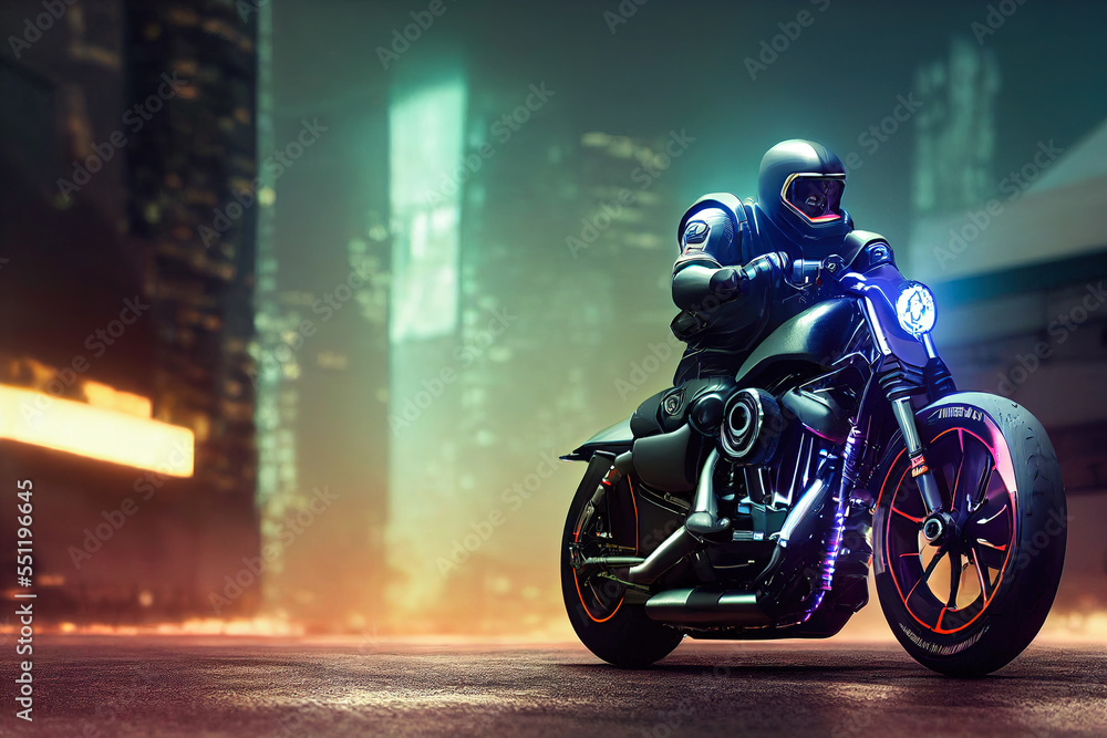 AI generated digital art AI generated image of a cyberpunk rider on a future bike or cruiser with a 