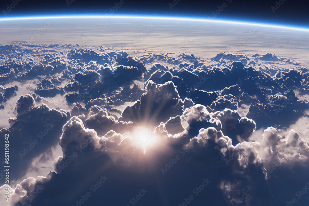 Splendid background cloudscape above the earths atmosphere in the stratosphere, with a galaxy and b