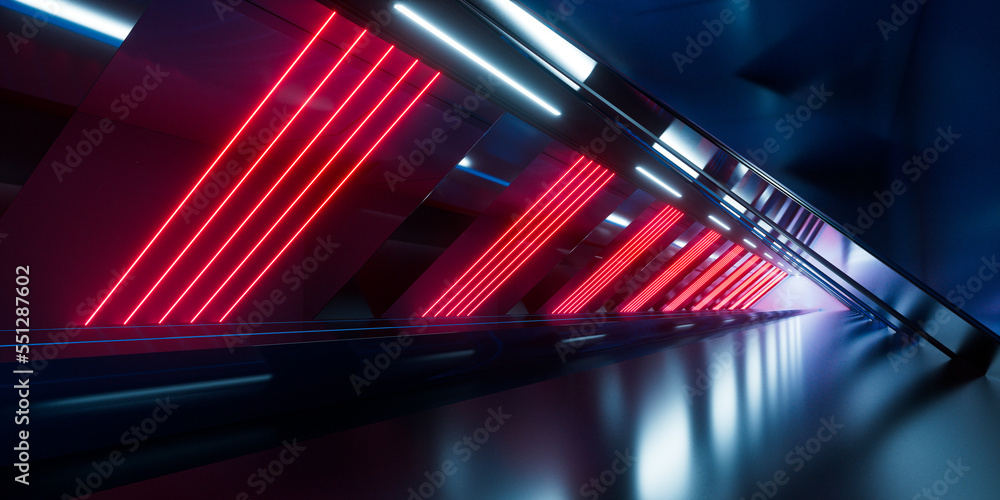 Dark tunnel with glowing light illuminated, 3d rendering.