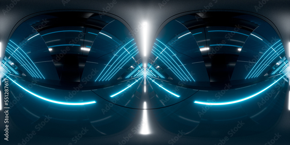 Dark tunnel with glowing light illuminated, 3d rendering. 360-degree seamless panoramic view.