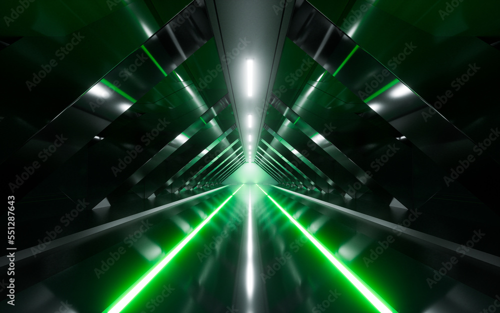 Dark tunnel with glowing light illuminated, 3d rendering.