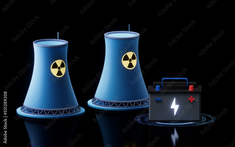 Nuclear power station and electric power, 3d rendering.