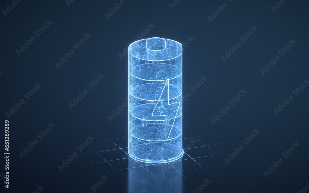 3D fast charge battery on blue background, energy technology concept, 3d rendering.