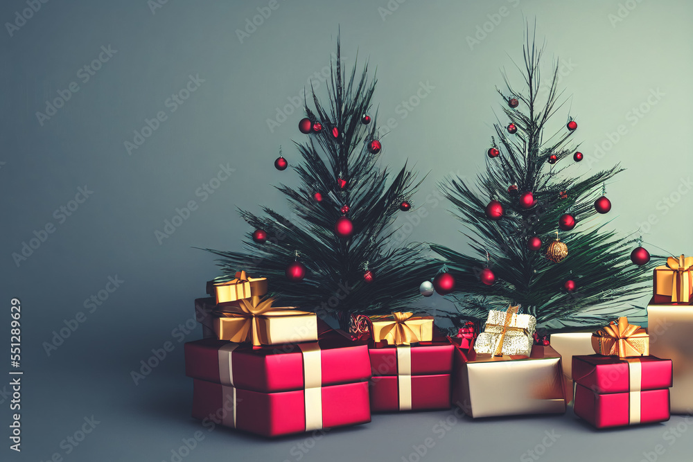 Christmas festival decoration with gift boxes pile, ribbon and spectacular christmas tree for giving