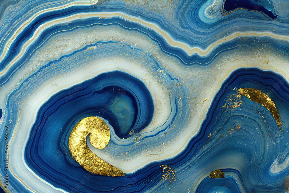 Abstract art background with a fluid marble blue and gold texture. Splendid AI generated image luxur