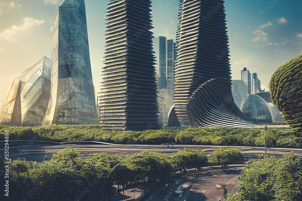 Splendid environmental awareness city with vertical forest concept of metropolis covered with green 