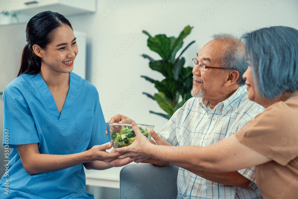 A female nurse serves a bowl of salad to a contented senior couple. Health care and medical assistan