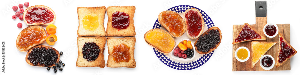 Set of sweet toasted bread with jams on white background