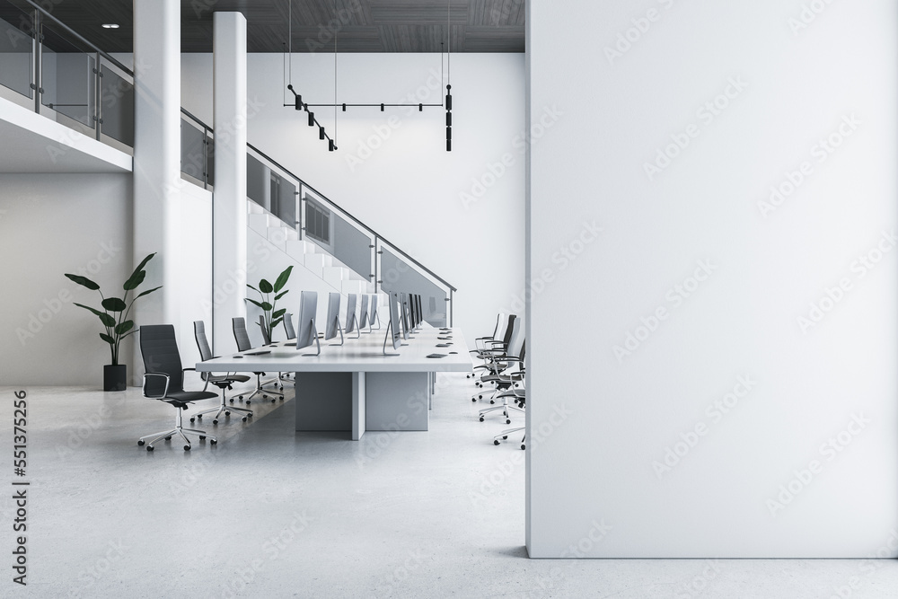 Modern bright white two floors coworking office interior with furniture and empty mock up place on w