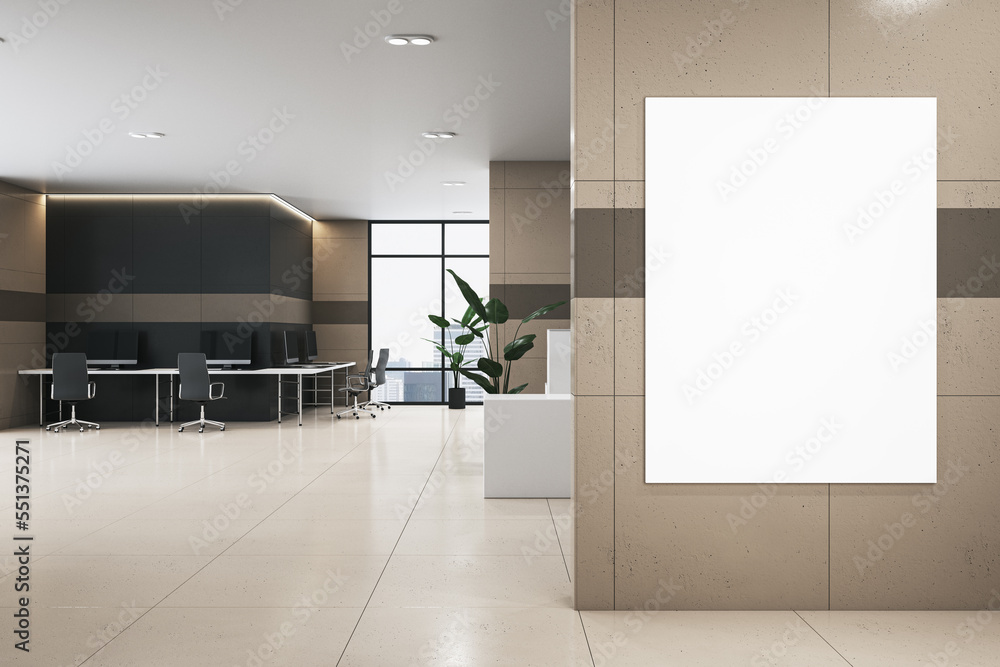 Modern office lobby interior with empty white mock up poster, furniture, reception desk, window with