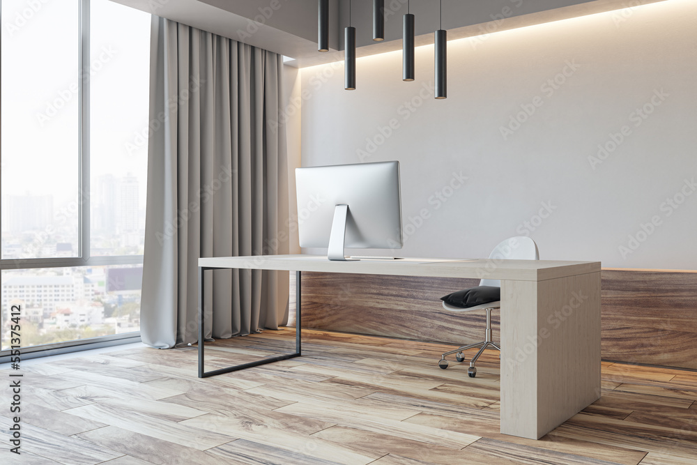 Luxury concrete office interior with wooden flooring, furniture, equipment and window with city view