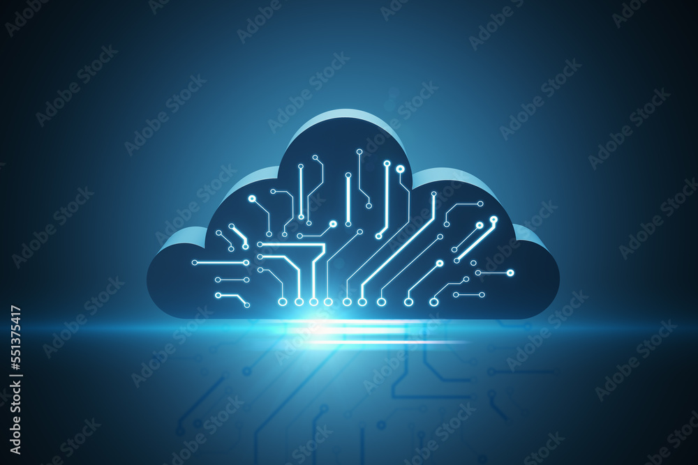 Abstract digital cloud circuit on blue background. Cloud computing, server and integrated digital we