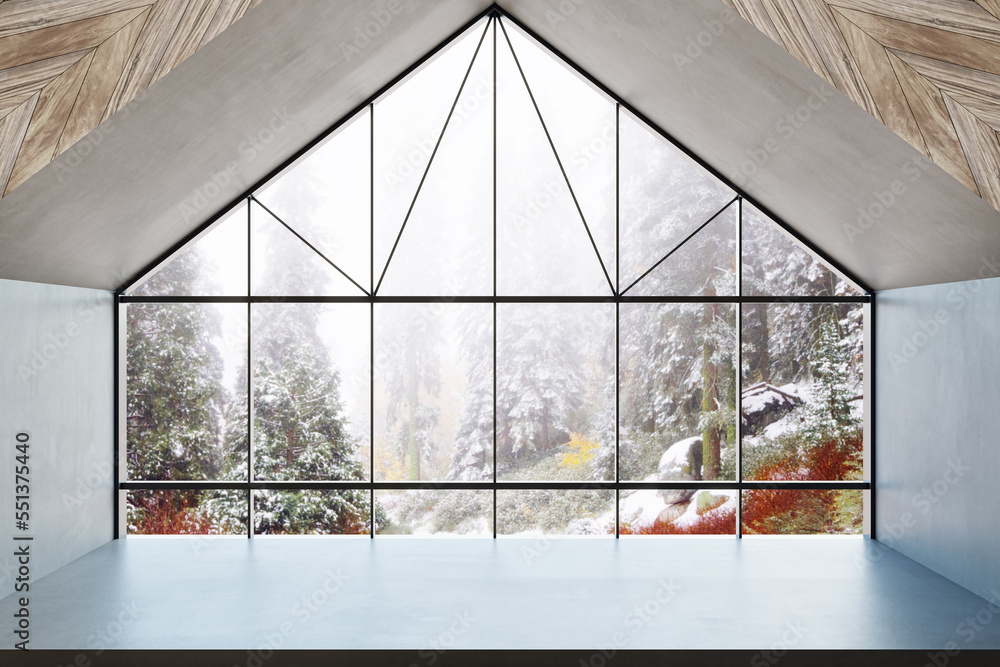 Wooden loft interior with bright winter forest view. Design, luxury style and moder hotel concept. 3