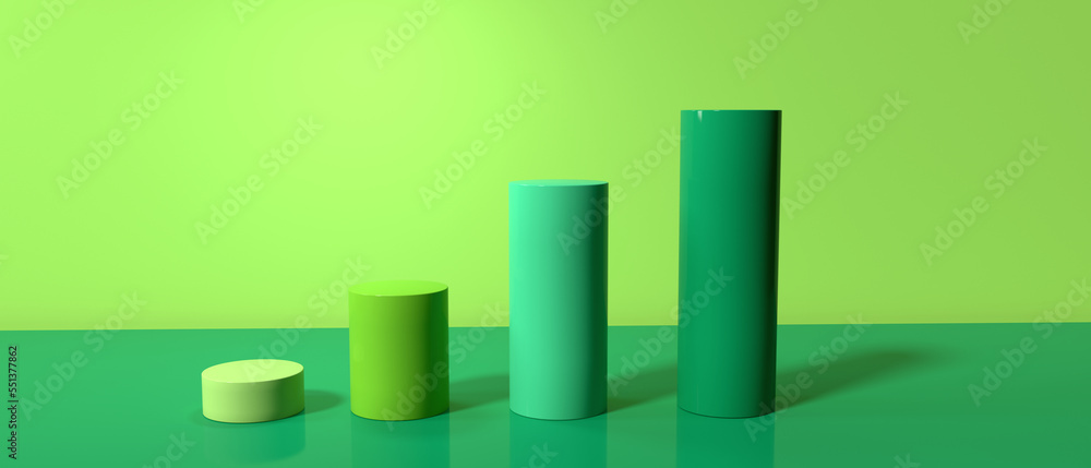 Cylinder shaped bar graphs on a colored background - 3D render