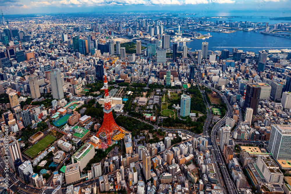 Aerial view of Tokyo Tower in Minato City, Tokyo, Japan