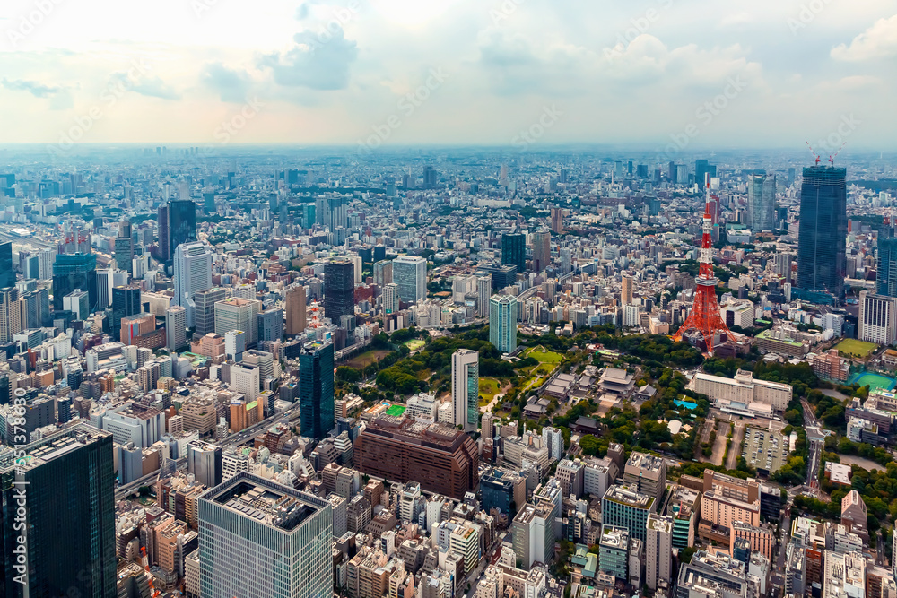 Aerial view of Tokyo Tower in Minato City, Tokyo, Japan