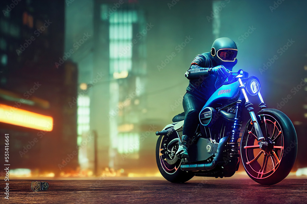 AI generated digital art AI generated image of a cyberpunk rider on a future bike or cruiser with a 