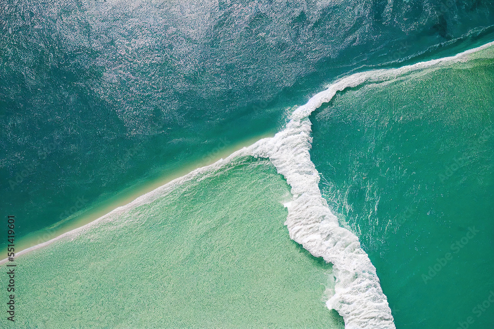 AI generated image top view from drone photo of beautiful beach with relaxing sunlight, sea water wa