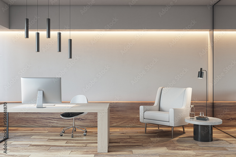 Modern concrete office interior with wooden floor, furniture, equipment and lounge area. 3D Renderin