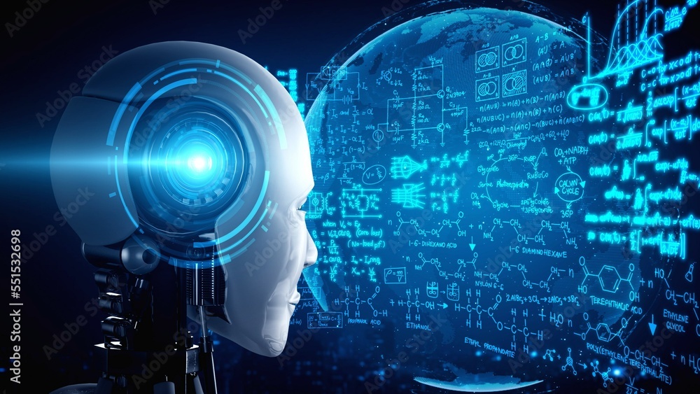 hominoid AI robot looking at hologram screen in concept of math calculation and scientific equation 