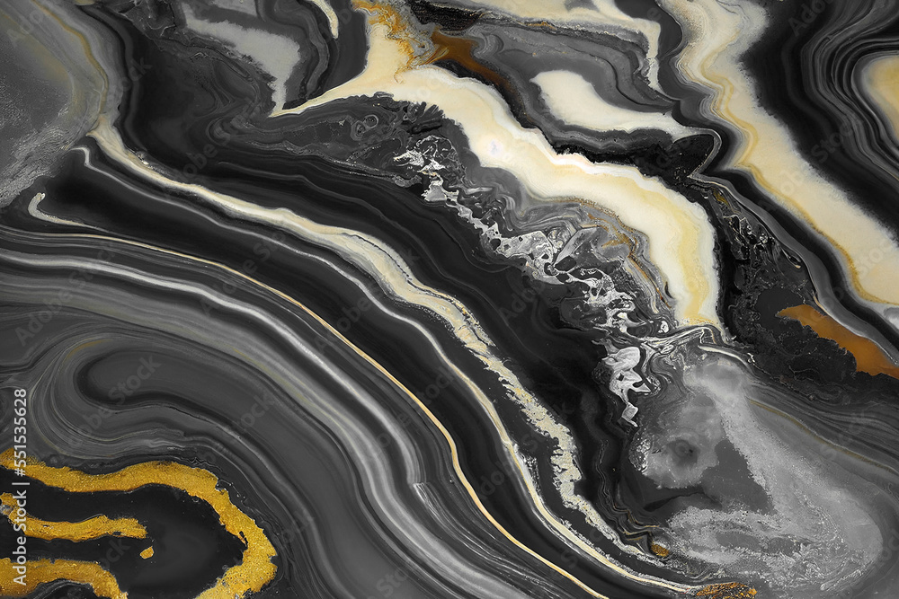 Abstract art background with a fluid marble black and gold texture. Splendid AI generated image luxu