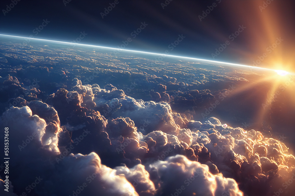 Splendid background cloudscape above the earths atmosphere in the stratosphere, with a galaxy and b