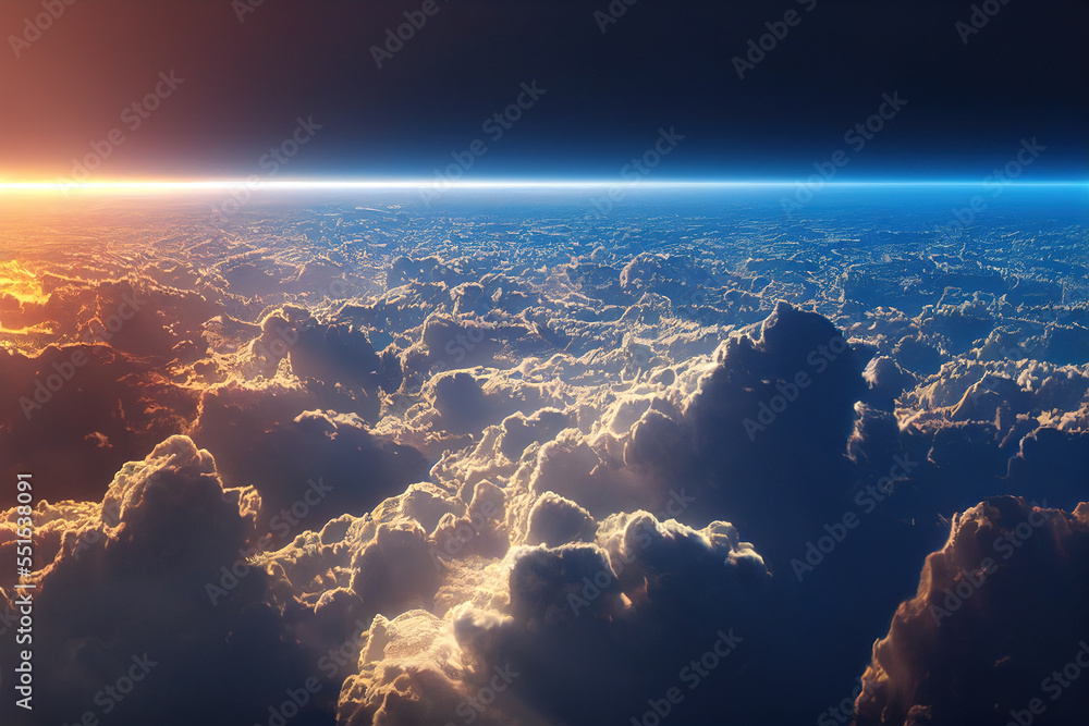 Splendid background cloudscape above the earths atmosphere in the stratosphere, with a galaxy and b