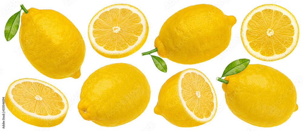 Lemon fruits isolated on white background, collection