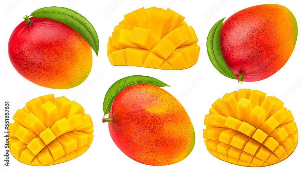 Mango fruits isolated on white background, collection